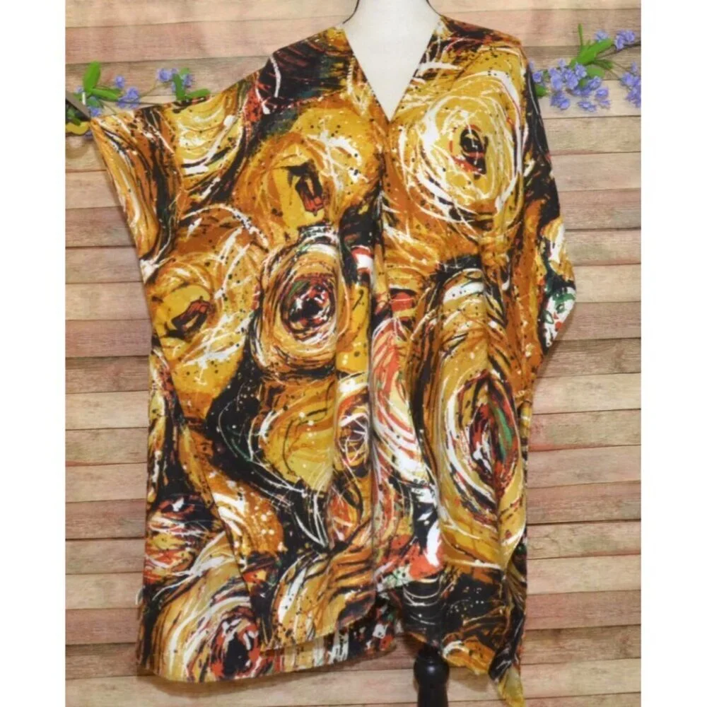 Womens Yellow Boho Floral Open Front Caftan Poncho Cardigan One Size Art to Wear